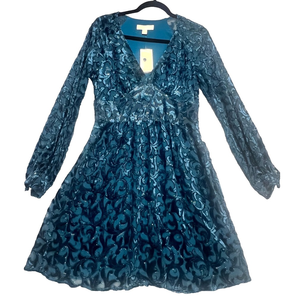 Michael Kors Dress Women Small Luxe Teal Velvet Devore Burnout Long Sleeve